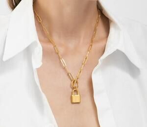 14k Yellow Gold Coins Plated Lock Paper Clip Chain Toggle Necklace